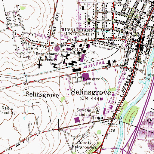 Topographic Map of Evergreen Cemetery, PA
