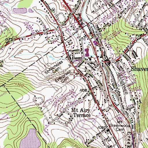 Topographic Map of Evergreen Cemetery, PA