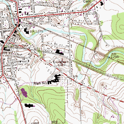 Topographic Map of Evergreen Cemetery, PA