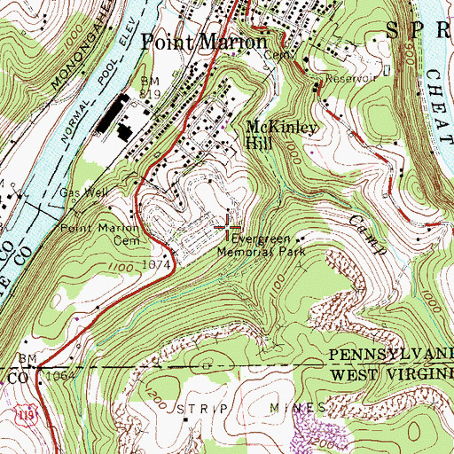 Topographic Map of Evergreen Memorial Park, PA