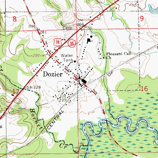 Topographic Map of Dozier, AL