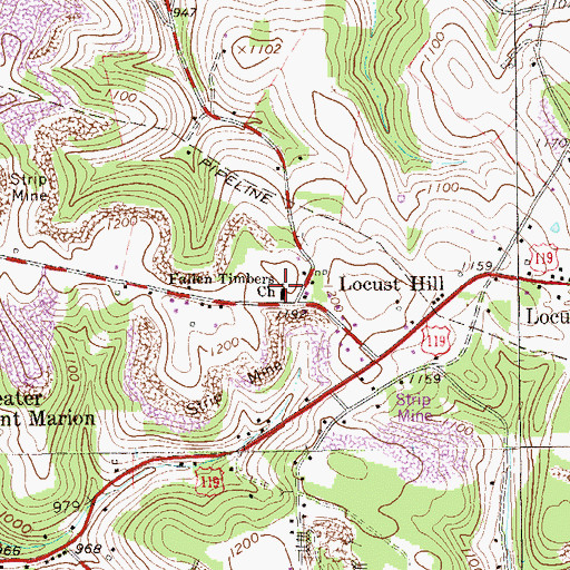 Topographic Map of Fallen Timbers Church, PA