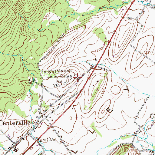 Topographic Map of Fellowship and Union Cemeteries, PA