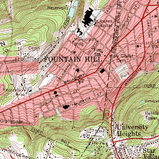 Topographic Map of Fountain Hill, PA