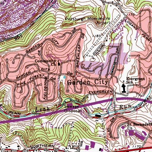 Topographic Map of Garden City, PA