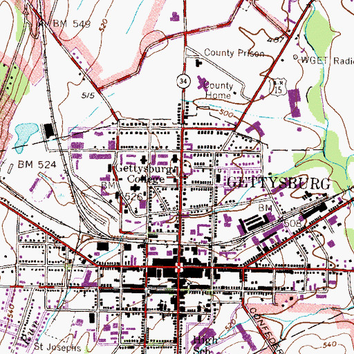 Topographic Map of Gettysburg College, PA