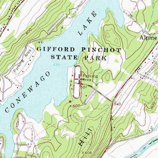 Topographic Map of Gifford Pinchot State Park, PA