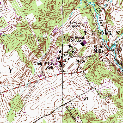Topographic Map of Glen Mills School, PA