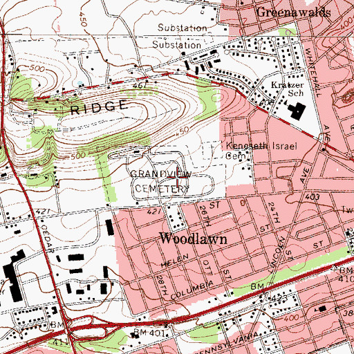 Topographic Map of Grandview Cemetery, PA