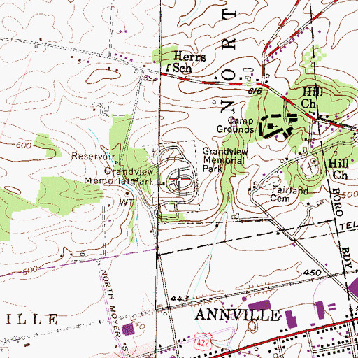 Topographic Map of Grandview Memorial Park, PA