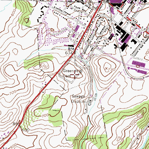 Topographic Map of Green Hill Cemetery, PA