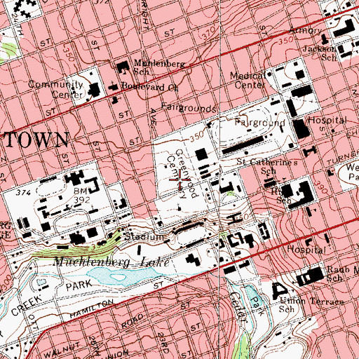 Topographic Map of Greenwood Cemetery, PA