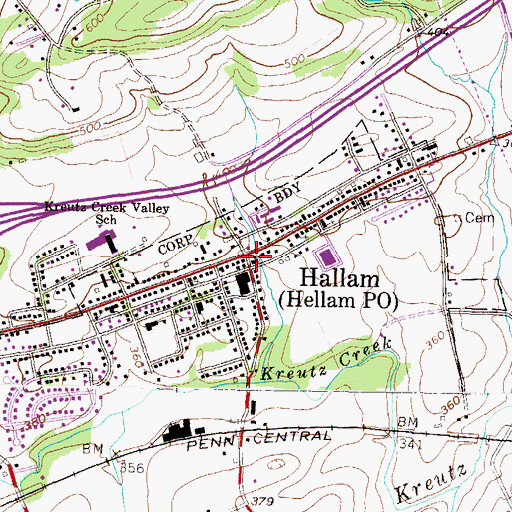 Topographic Map of Hallam, PA