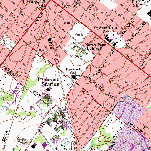 Topographic Map of Hancock School (historical), PA