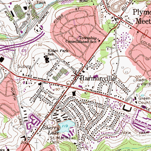 Topographic Map of Harmonville, PA