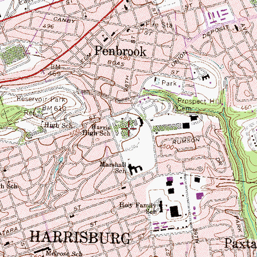 Topographic Map of Harrisburg High School John Harris Campus, PA