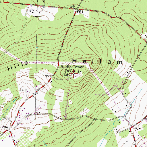 Topographic Map of Hellam Hills, PA