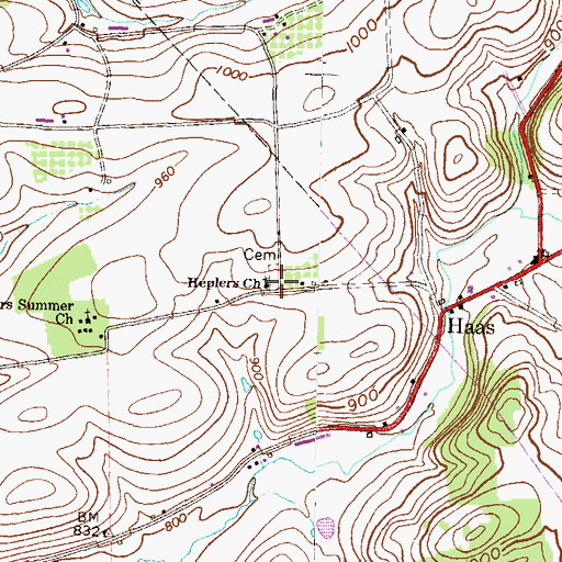 Topographic Map of Heplers Church, PA