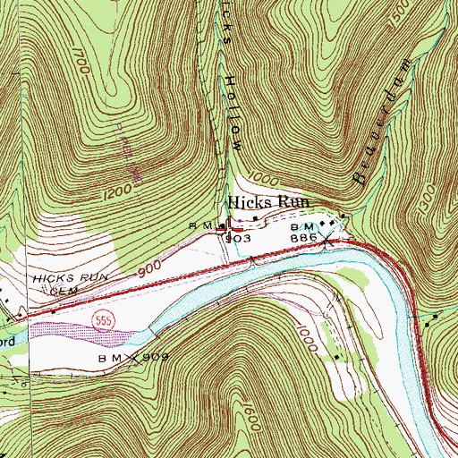 Topographic Map of Hicks Hollow, PA