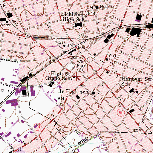Topographic Map of High Street Grade School, PA