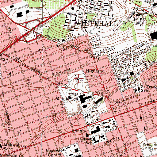 Topographic Map of Highland Cemetery, PA