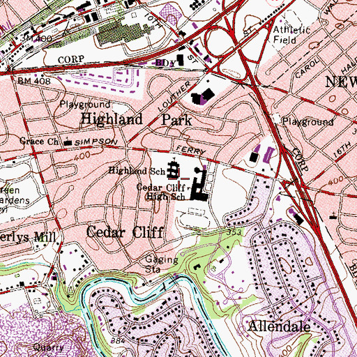 Topographic Map of Highland Elementary School, PA