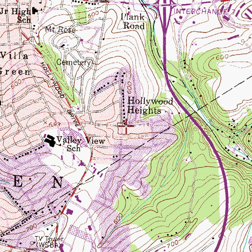 Topographic Map of Hollywood Heights, PA