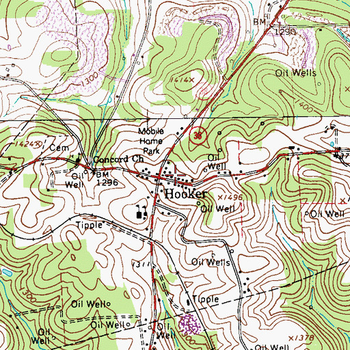 Topographic Map of Hooker, PA