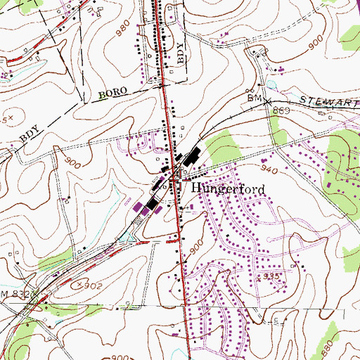 Topographic Map of Hungerford, PA