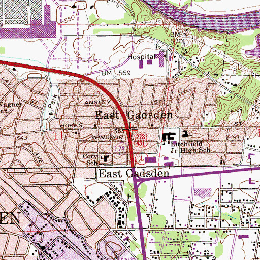 Topographic Map of East Gadsden, AL