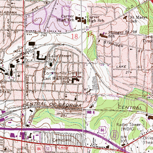 Topographic Map of East Highland School, AL
