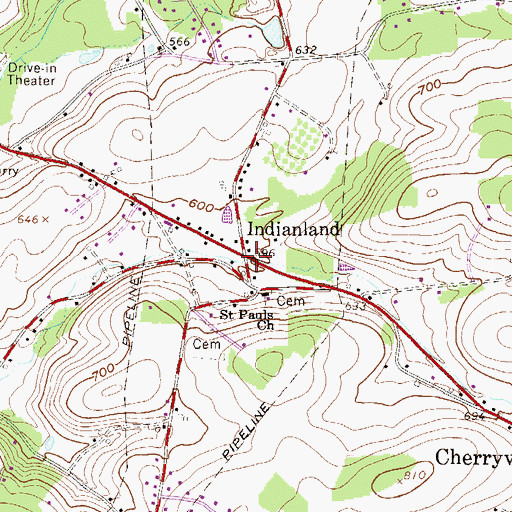 Topographic Map of Indianland, PA