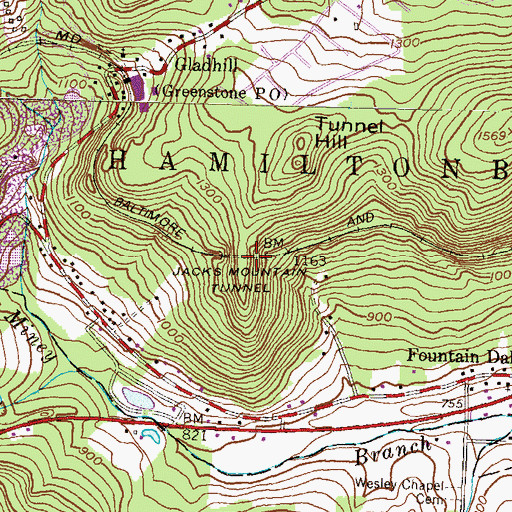 Topographic Map of Jacks Mountain Tunnel, PA