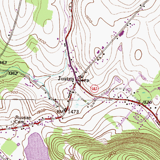 Topographic Map of Justus, PA