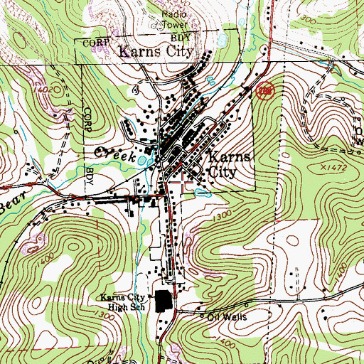 Topographic Map of Karns City, PA