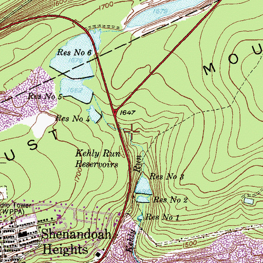 Topographic Map of Kehly Run Reservoirs, PA