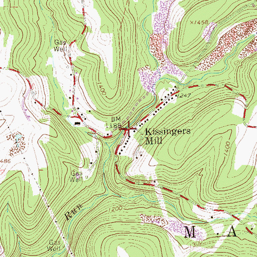 Topographic Map of Kissingers Mill, PA