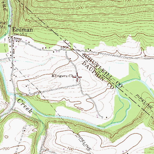 Topographic Map of Klingers Church, PA