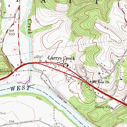 Topographic Map of Larrys Creek, PA