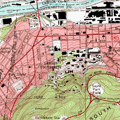 Topographic Map of Lehigh University, PA