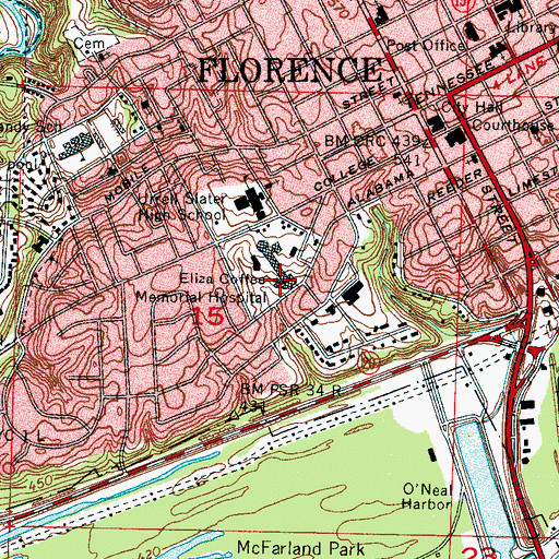 Topographic Map of Eliza Coffee Memorial Hospital, AL