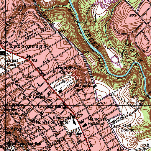 Topographic Map of Leverington Cemetery, PA