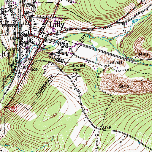 Topographic Map of Lillydale Cemetery, PA