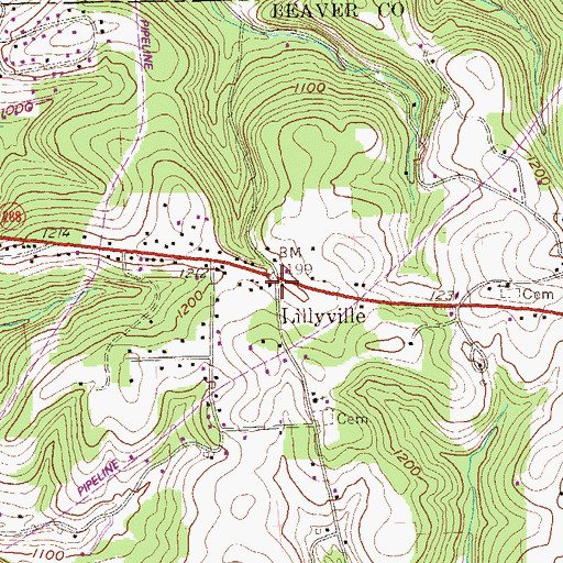 Topographic Map of Lillyville, PA