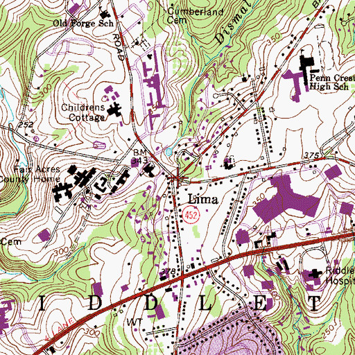 Topographic Map of Lima, PA