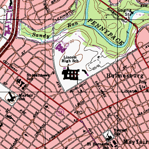 Topographic Map of Lincoln High School, PA