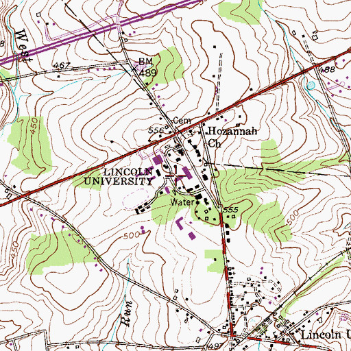 Topographic Map of Lincoln University, PA