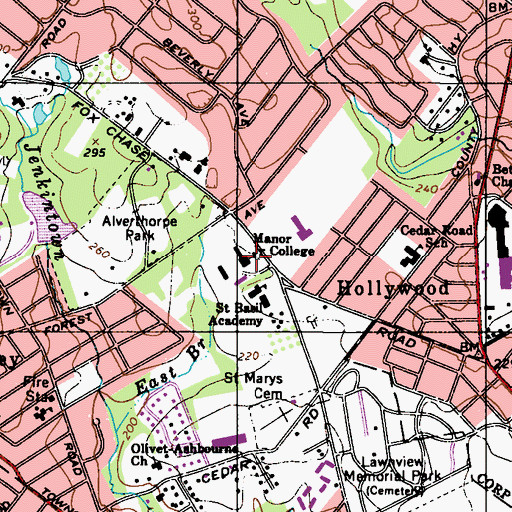 Topographic Map of Manor Junior College, PA