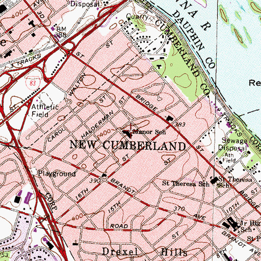 Topographic Map of Manor School, PA