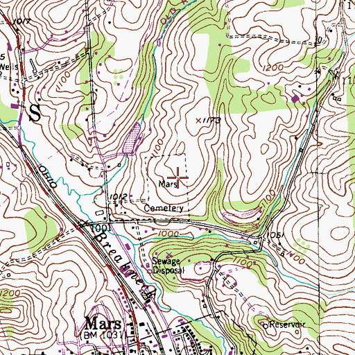 Topographic Map of Mars Cemetery, PA